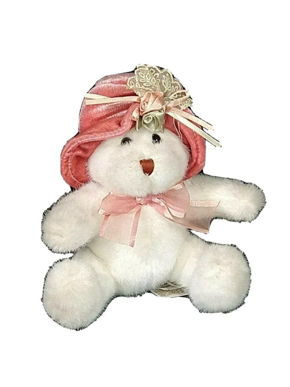 Dan Dee White Bear Plush Pink Rosette Hat and Bow Stuffed Animal Toy Sitting 6"